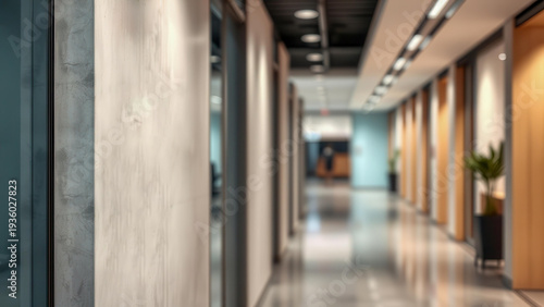 Wallpaper Mural A long modern office hallway features glass walls and wooden doors with a blurred background, corporate interior, business environment. Torontodigital.ca