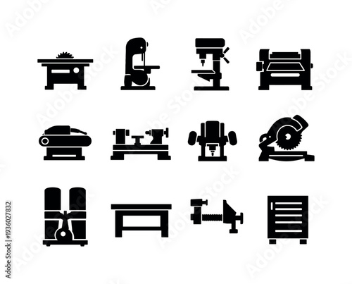 Collection of black icons representing various woodworking and metalworking machinery and tools