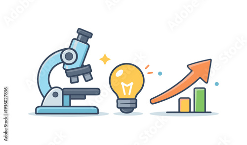 Microscope, light bulb, and growth chart symbolizing scientific discovery and business success