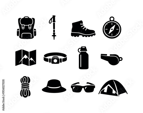 Collection of black icons representing essential outdoor adventure and camping gear on a white background