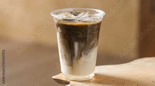 Refreshing Iced Hojicha Latte in a Clear Takeaway Cup on a Wooden Table