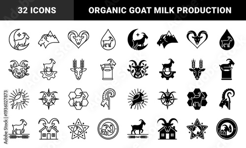 Minimalist Goat Livestock Hybrid Logos Combining Animal Silhouettes with Agriculture Dairy Nature and Industrial Symbols in Solid and Outline Styles