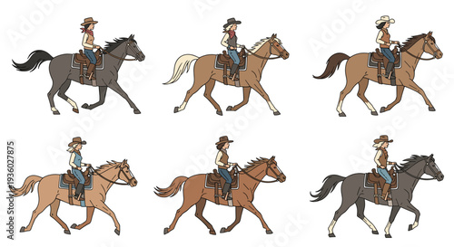 Six distinct illustrations of cowgirls riding horses in various running gaits are presented on a clean white background.