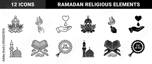 Islamic Religious Hybrid Icon Set Featuring Ramadan Lantern With Dates Mosque Architecture Quran Book And Kaaba Combined With Floral Elements
