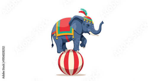A blue-grey cartoon elephant adorned with a red and gold blanket and feathered headpiece stands on a striped red and white ball, facing left.