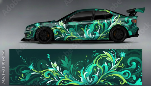 Sporty car with intricate green and white swirling floral vine graphic wrap design.