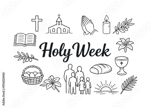 Holy Week religious symbols and family illustration in doodle style