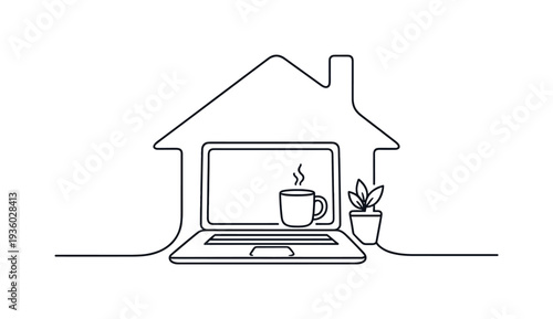 Minimalist line art of a laptop with a coffee cup and plant inside a house outline