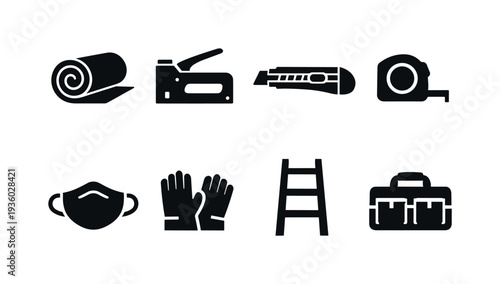 Collection of construction and DIY tools, safety equipment, and materials icons