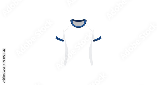 A clean white short-sleeve t-shirt featuring a blue crew neck collar and blue sleeve cuffs is displayed flat on a white surface.