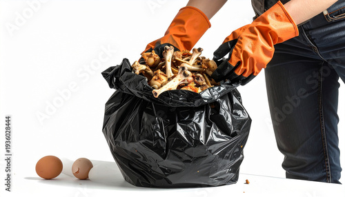 Person wearing orange gloves throwing chicken bones and eggshells into a black trash bag against white backdrop in studio shot