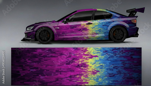 Vibrant sports car with a colorful gradient paint wrap featuring purple, pink, yellow, and blue hues and a textured design.