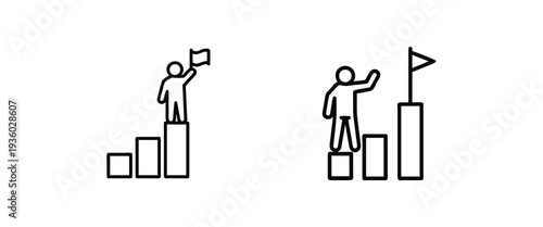 Success and growth line icon set with person holding flag on bar chart, business achievement goal, progress victory, career development more vector illustration or editable stroke.