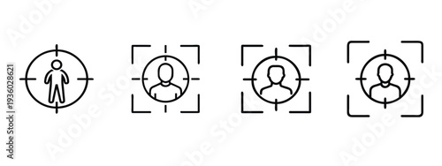 Target audience and recruitment line icon set with person in crosshair, hiring headhunting focus, marketing goal, seeker search more vector illustration or editable stroke.