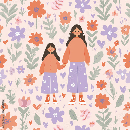 Flat naive vector illustration of a mother and daughter holding hands amidst a floral pattern, ideal for greeting cards, children's books, or textile designs.