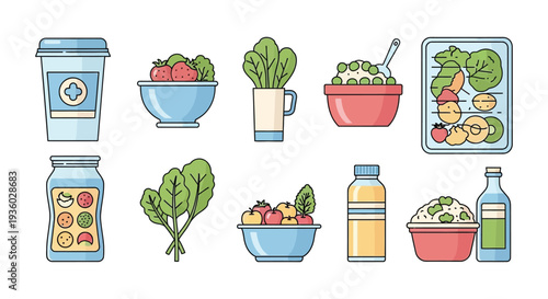 Assorted healthy food and drink items in bowls and bottles.