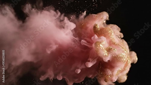 Pink and gold glitter ink mixing in water.