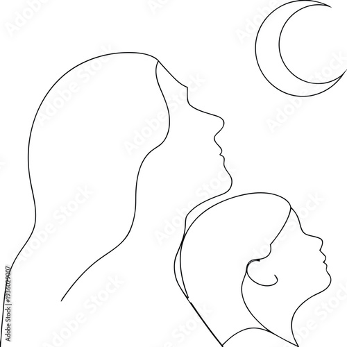 Motherhood Line Art Featuring Crescent Moon And Infant