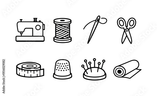 Collection of sewing and tailoring icons, representing essential tools for crafting and garment creation