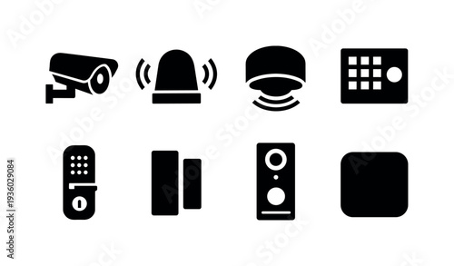 Collection of security and smart home device icons on a white background