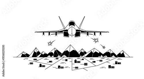 Fighter jet launching missiles over a rugged mountainous landscape with distant buildings, depicting aerial combat and conflict.