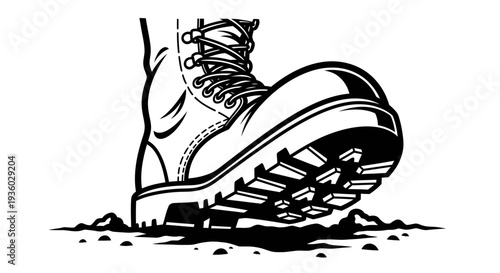 Powerful Military Combat Boot Stepping Firmly on Ground, Vector Illustration