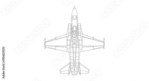 Top View Blueprint Outline of Fighter Jet Aircraft on Isolated White Background