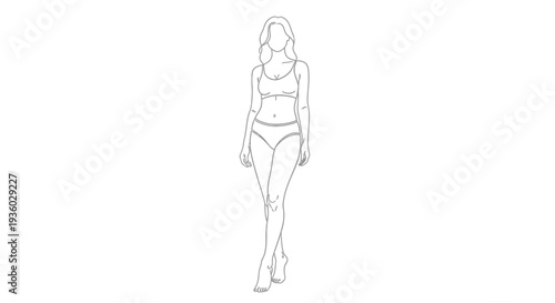 Confident young woman posing in a two-piece bikini, full body line art on an isolated white background.