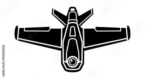 Black silhouette of a military fighter jet airplane in top view, flying on an isolated white background.