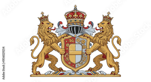 A highly detailed and colorful coat of arms features a crowned shield and helmet, supported by two crowned rampant lions on an ornate base.