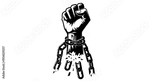 Powerful Clenched Fist Breaking Chains, Symbolizing Freedom and Revolution, Isolated White Background