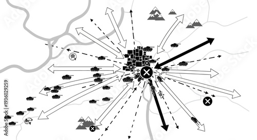 Military strategic map illustrating troop movements, targets, and combat plans during a war scenario, on a textured background.