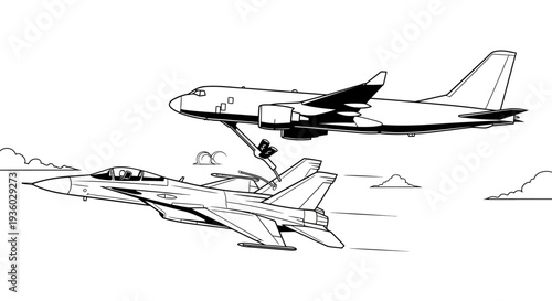 Passenger airplane flying alongside a military fighter jet in a dynamic cloudy sky, depicting aviation and air defense.