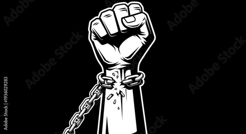 Powerful clenched fist with a broken chain, symbolizing protest, freedom, and human rights against a solid black background.