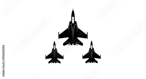 Three military fighter jets flying in tight formation, symbolizing air power and national defense on an isolated white background.