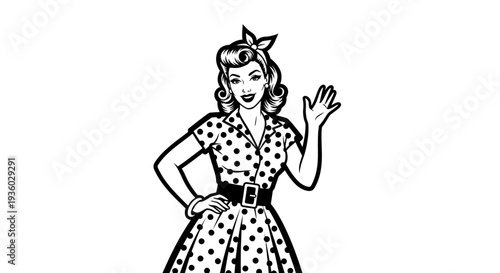 Cheerful Retro Pin-up Girl Waving Hello in Polka Dot Dress, Isolated White Background