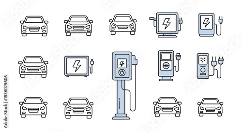 Electric Vehicle Charging Station Icons Set.