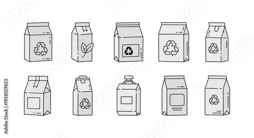 Collection of recycling carton icons in simple line art style.