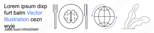 Science, mental health, global communication, sustainability, education, minimalism. Brain on a plate with utensils, rotating globe abstract leaf shapes. Science and mental health concept