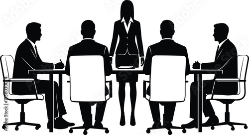 Business meeting silhouettes, corporate discussion vector, professional teamwork illustration, office collaboration design art, leadership concept graphics, boardroom presentation icons