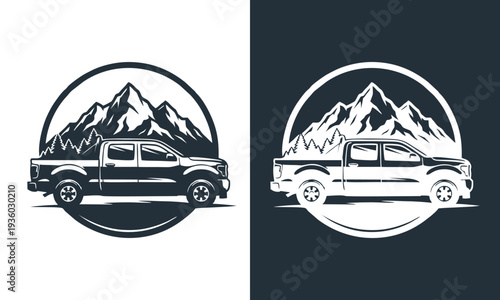 Fotografie Dual illustrations of a pickup truck with mountains in the background, showcasing different design styles side by side