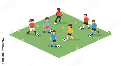 Eight animated children are playing soccer with multiple balls on a plain green diamond-shaped field under bright lighting.