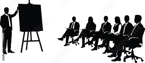 Business presentation silhouettes, corporate meeting vector, professional teamwork illustration, office communication design art, leadership concept graphics, training seminar icons