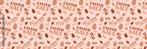 Easter egg sale horizontal banner. Big Easter sale offer, banner template with eggs, text and percent in red color. Shop market poster design.