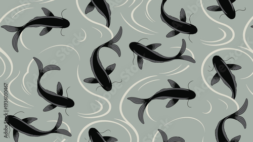 Black koi fish swimming in wavy water pattern