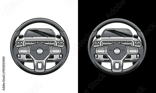 Detailed illustration of a car steering wheel from a frontal viewpoint showcasing its design and components