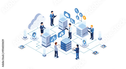 Diverse isometric figures are interacting with cloud computing infrastructure and server racks on a clean white background.