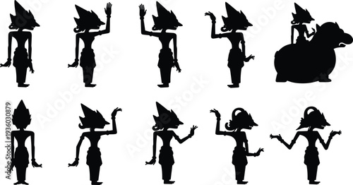 Cartoon character silhouettes, spiky hair figure, transformation poses, fantasy creature, warrior interaction, design sheet, animation study, creative illustration, concept art