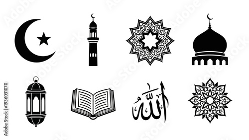 Islamic Symbols Art, Cultural Representation, Traditional Elements, Graphic Design, Abstract Patterns, Black and White Style