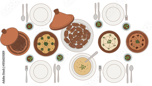 Culinary Feast, Moroccan Cuisine, Dining Table, Illustration, Festive Setting, Top View, Flavorful Delights